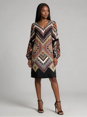 PRELUDE | Brown Bohemian Mixed Print Lantern Sleeve Dress Sz L